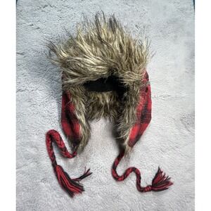 American‎ Eagle Trapper Hat Red Plaid Faux Fur Hat Winter With Bottle Opener